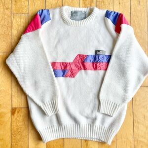 Joff 90s Vintage White Knit Sweater with Pink and Blue Accents Size Medium